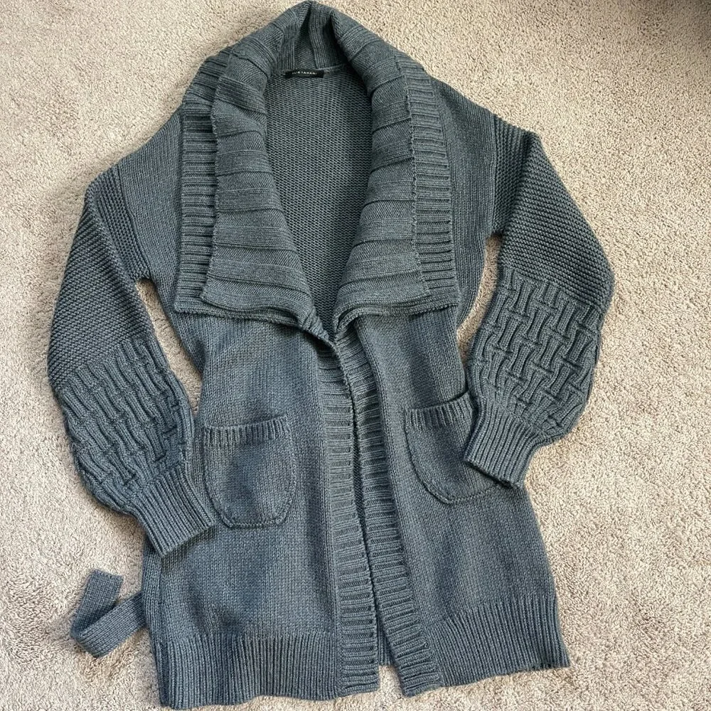 Elie Tahari Double Shawl Collar Midi Balloon Sleeve Cardigan Gray Thick Womens L - Picture 4 of 7